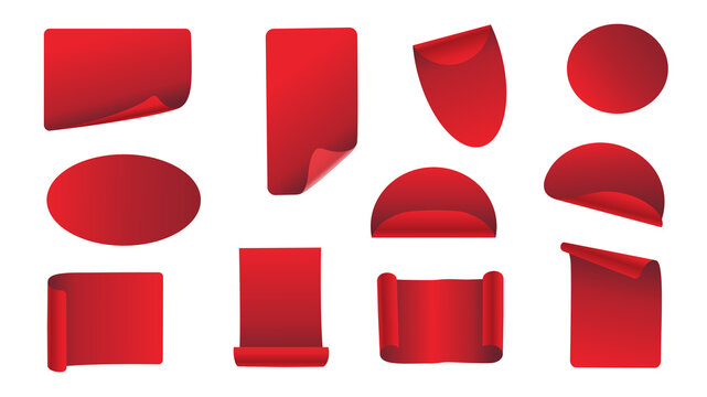 Red sale paper stickers elements set design. Collection with different shapes shopping labels with curling corners, commerce coupons with sales offers and clearance discount. Illustration.