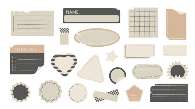 Grunge notebook cutout stickers set for scrapbook design. Paper speech bubbles and notepad sheets with torn edges, to do lists, empty memo pages, different shapes of sticky frames. Illustration