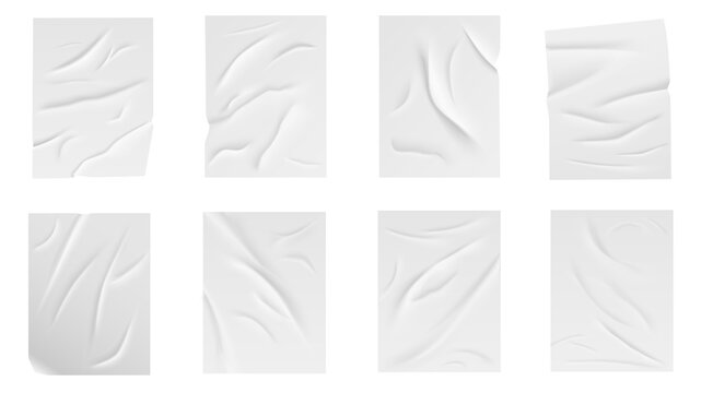 Glued paper wrinkled effect elements set design. Collection with empty white crinkled posters, realistic crumpled adhesive templates, blank creased paper sheets with wet surface. Illustration.