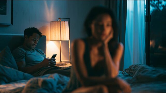 A person thinks while sitting in bed next to another person who is using a phone