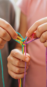 Close-up of hands tying colorful threads.