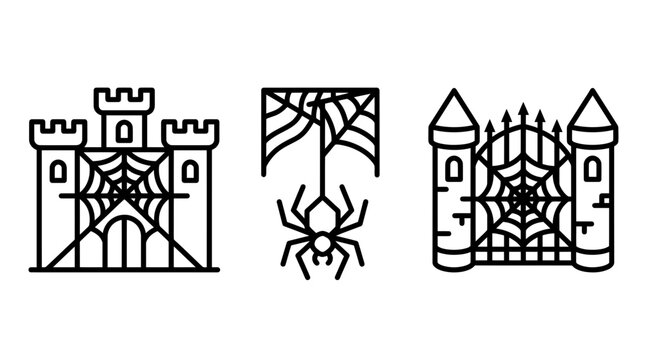 Graphic set of linear vector designs depicting a stone castle covered in spider webs a large spider hanging from a woven web a grand castle gate entrance tangled in complex spider webs entrance