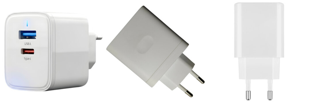 White USB-A and USB-C power adapter isolated on white background