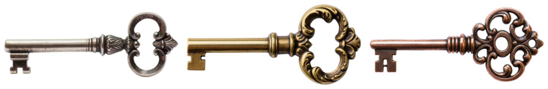 Collection of four antique keys with ornate handles, isolated on a white background