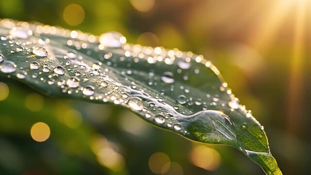 Dewdrops on a Leaf in Golden Sunlight: A close-up of a green leaf adorned with numerous glistening dewdrops, illuminated by the warm, radiant rays of the sun, creating a serene and natural beauty.