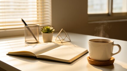 Fototapeta premium Minimal Designer Desk Workspace with Blank Notebook, Coffee Cup and Warm Sunlight, Modern Productivity Lifestyle