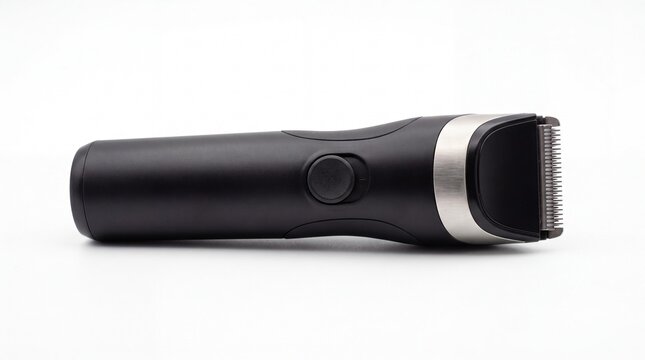 Electric hair trimmer with sharp metal blades and matte black plastic body featuring a simple power button on white background