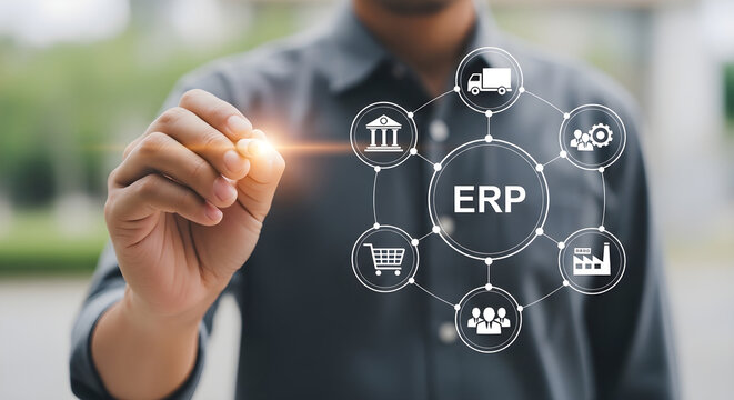 Business Professional Interacting With Enterprise Resource Planning ERP Software System Workflow Interface Icons For Corporate Management Optimization