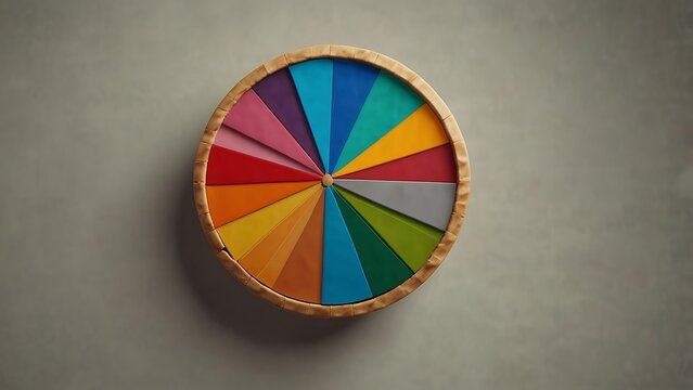 Colorful Round Geometric Decorative Plate or Tray Featuring Vibrant Triangles and Slices in a Rainbow Spectrum Layout Placed on Neutral Gray Surface Top View Flat Lay Modern Creative Design Art