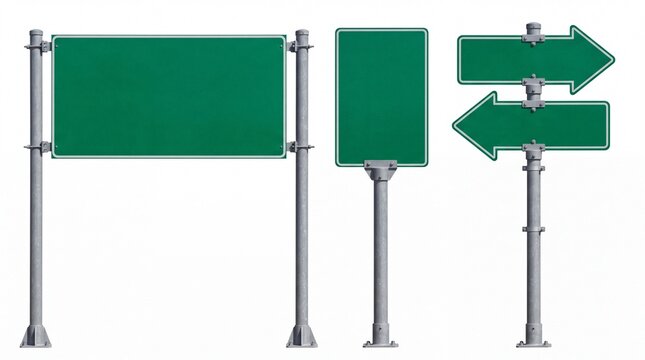 Blank green highway signs with metal posts arranged for custom directional navigation instructions captured in studio lighting on white background
