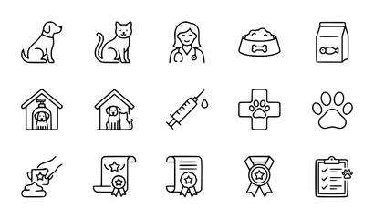 Fototapeta premium Veterinary Pet Care Dog Cat Food Grooming and Animal Health Line Icons