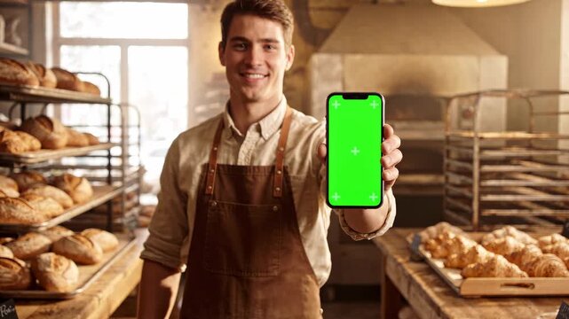 Happy young man, a baker, shows a smartphone with a green screen display in his authentic bakery. Perfect for app promotion.