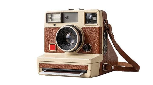 Vintage instant film camera with brown leather texture, retro analog photography equipment, classic cream polaroid style camera on white background