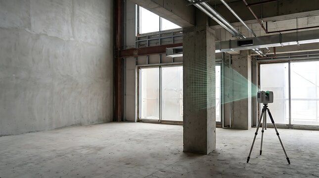 3D laser scanner measuring concrete interior of a modern building construction site