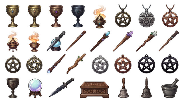 Collection of mystical ritual objects featuring ornate golden chalices glowing incense burners silver pentagram pendants wooden wands crystal orbs daggers and ritual bells for magic
