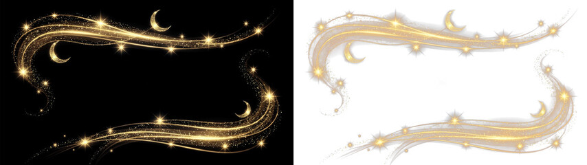 Golden magic light wave frame with sparkling stars and crescent moons overlay PNG on transparent background for festive cards, Ramadan, Christmas, and luxury design. © Tatyana
