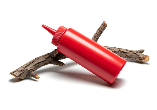 Red plastic squeeze bottle isolated on white background