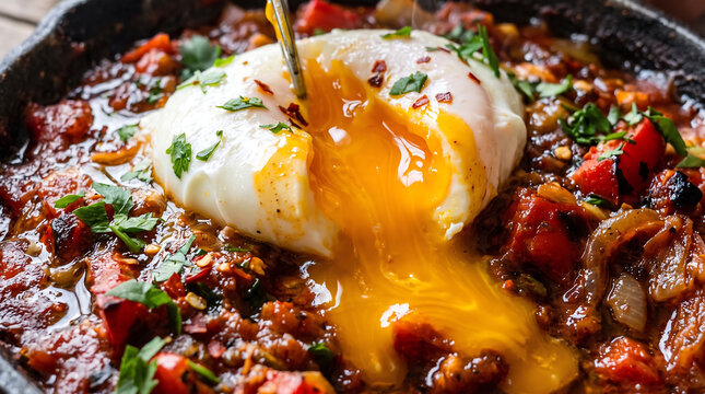Poached Egg Yolk Breaking Open Over Spiced Libyan Shakshuka Tomato Sauce Close-Up