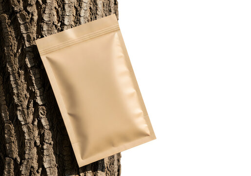 Blank brown paper pouch mockup resting against a textured tree bark background