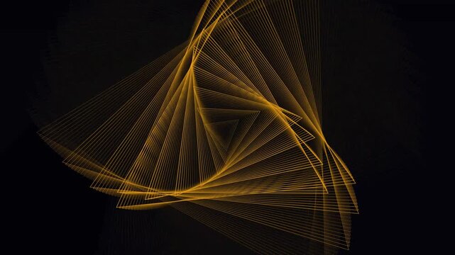 Golden geometric lines rotating in hypnotic spiral motion over dark background creating elegant abstract visual for technology presentations and luxury brandings.
