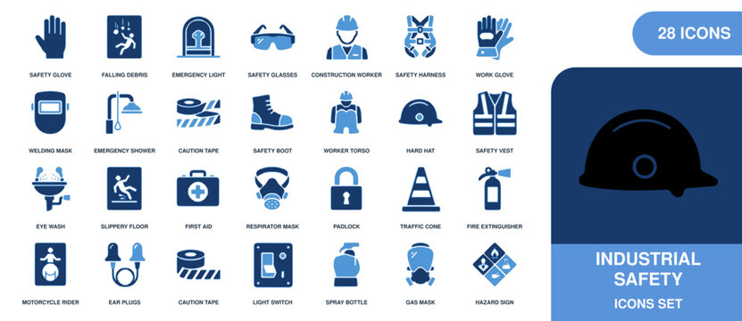 Industrial safety sheet featuring 28 blue and white symbols for construction, workplace hazards, personal protective equipment, and first aid