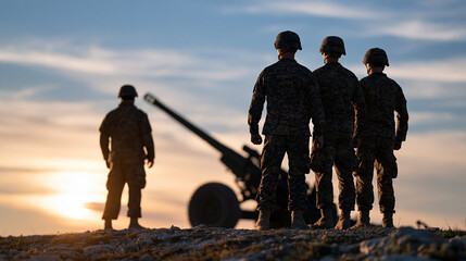 Fototapeta premium Medium photographic stock visual from behind, showing silhouetted soldiers standing shoulder to shoulder next to a heavy artillery cannon. Positioned on a rocky ridge against a dra