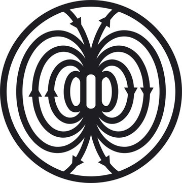 Black magnetic field lines diagram representing dipole force vectors within a circular border graphic element with vector illustration magnetic