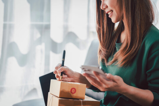 Asian Women Working Home Office Small Business Online E-commerce