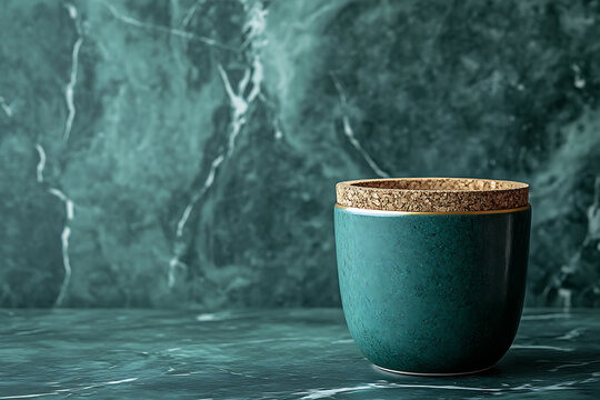 Teal ceramic cup with gold rim on marble surface.
