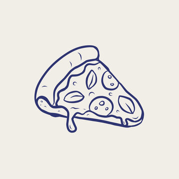 Cheesy Pizza Slice Basil Hand Drawn Monoline Line Art Doodle Clipart Illustration