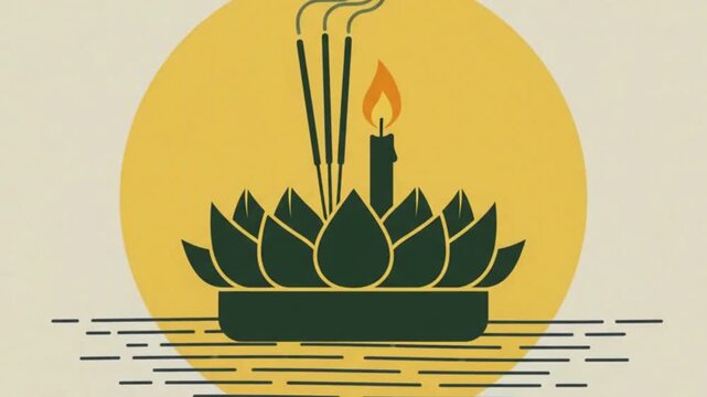 Minimalist illustration of a loy krathong floating basket with a candle and incense sticks against a large yellow full moon background
