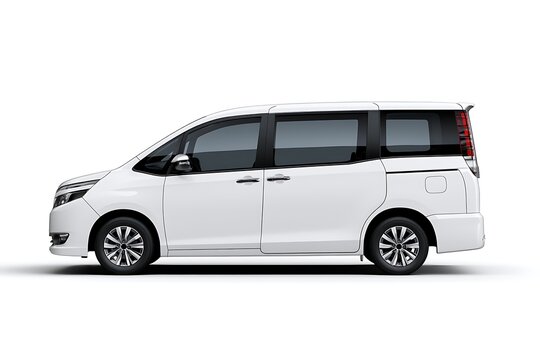 Side view of a modern white minivan isolated on white background