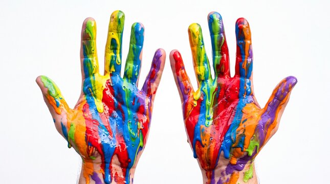 Vibrant human palms completely covered in thick dripping rainbow colored paint displayed in a creative style on white background