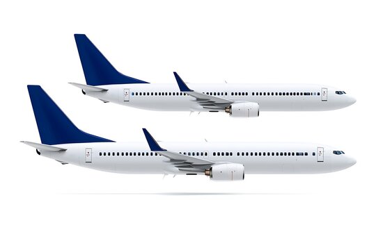 Two white passenger airplanes side view isolated on white background