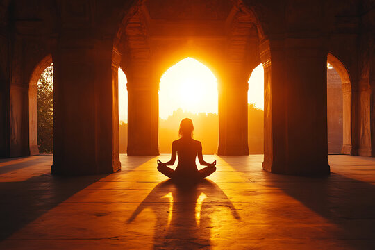Silhouette of person meditating in an ancient temple during peaceful sunrise.
