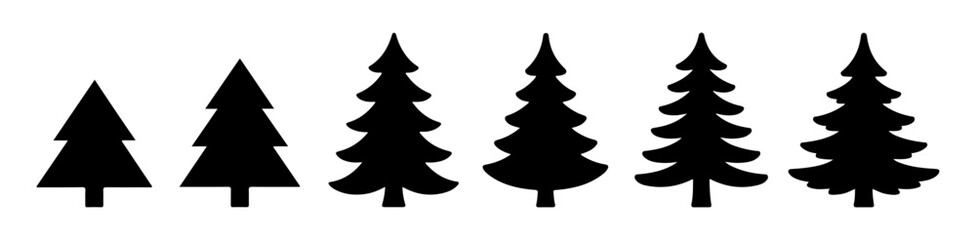 Obraz premium Six black fir tree silhouettes illustrating various growth stages for winter holiday design.