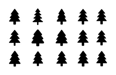 Obraz premium Minimalist spruce tree icon collection featuring diverse pine silhouettes for forest maps.