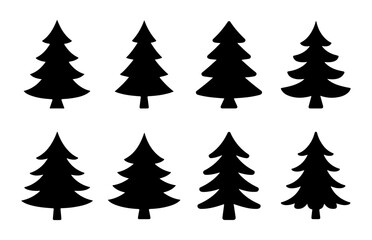 Obraz premium Large collection of evergreen pine tree silhouettes for forest and mountain landscape art.