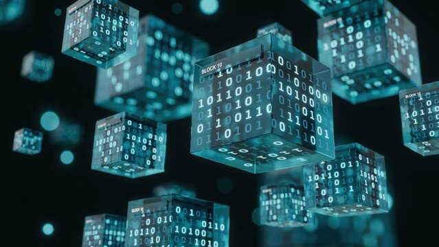 Floating glass cubes containing glowing binary code and digital numbers, representing data processing and blockchain technology in dark space