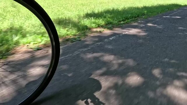 A close view of a bicycle wheel rolls steadily along the edge of a forest road, passing green grass while shifting light and shadow patterns move across the paved path.