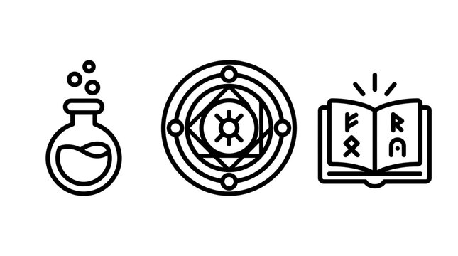 Magical alchemy icons collection consisting of a bubbling potion flask, a complex magical ritual circle or summoning seal, and an open spellbook displaying ancient runic symbols in clean outline