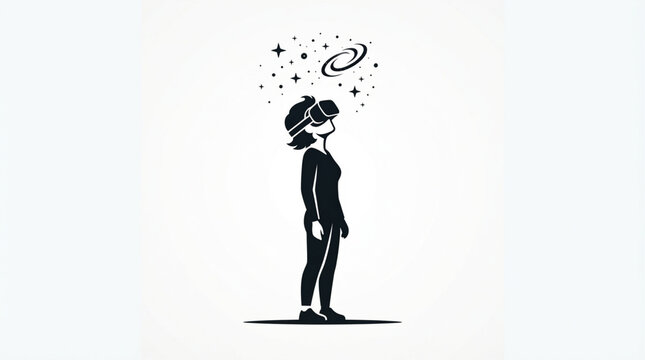 Person exploring virtual reality space with floating galaxy and star symbols