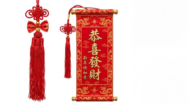 Traditional chinese scroll with golden calligraphy and elegant red tassel hanging decorations displayed clearly as a professional festive item on white background