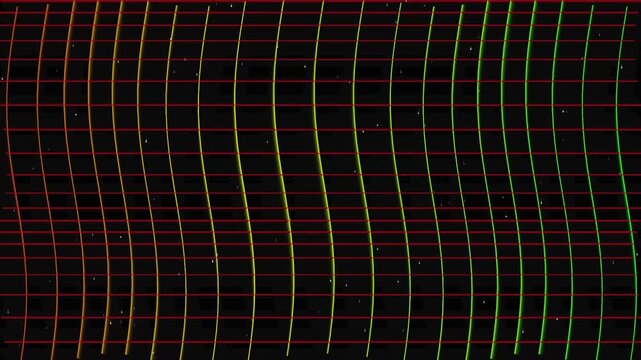Retro grid motion background with wavy green and red lines moving across dark space with dust particles creating vintage 80s aesthetic for digital synthwave loop.