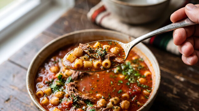 Spoonful of Traditional Libyan Sharba Libiya Soup with Ditalini Pasta Tender Meat and Chickpeas Close-Up