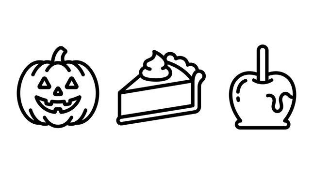Halloween treats line icons including jack o lantern pumpkin pie slice and caramel apple with halloween celebration illustration silhouette decoration seasonal tradition festival delicious