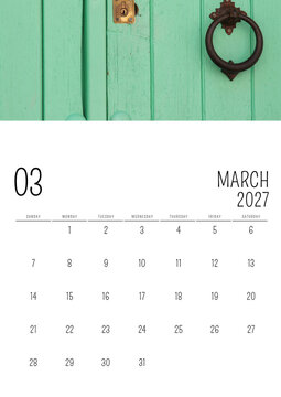 March 2027 English Calendar with Green Wooden Door