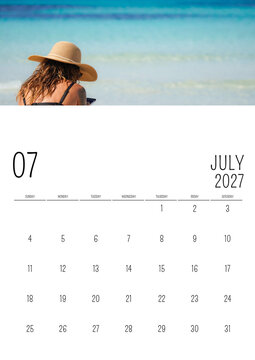 July 2027 English Calendar with Woman at Tropical Beach