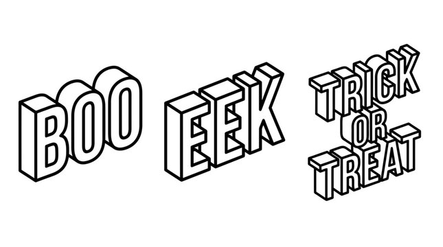 Halloween isometric 3D typography text graphics featuring boo eek trick or treat phrases in outline style typography halloween isometric lettering celebration creative seasonal