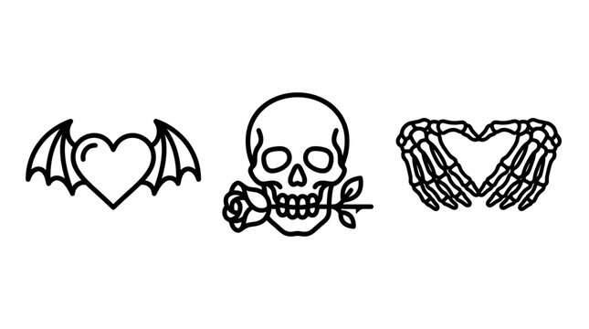 Gothic romance outline icon set with bat winged heart skull holding rose and skeleton hands making heart shape skeleton alternative halloween valentine mysterious decoration illustration